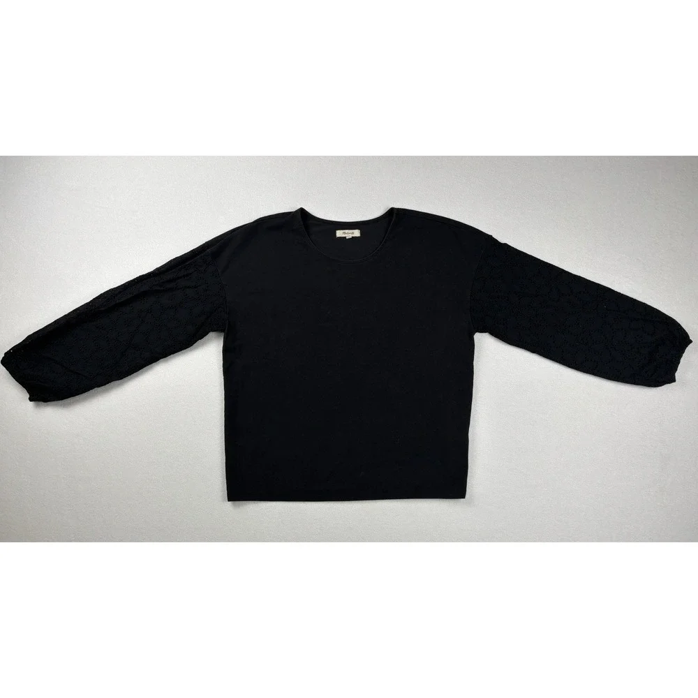 Madewell Women's M Black Eyelet Puff Sleeve Blouse Cotton‎ Knit Top Spring